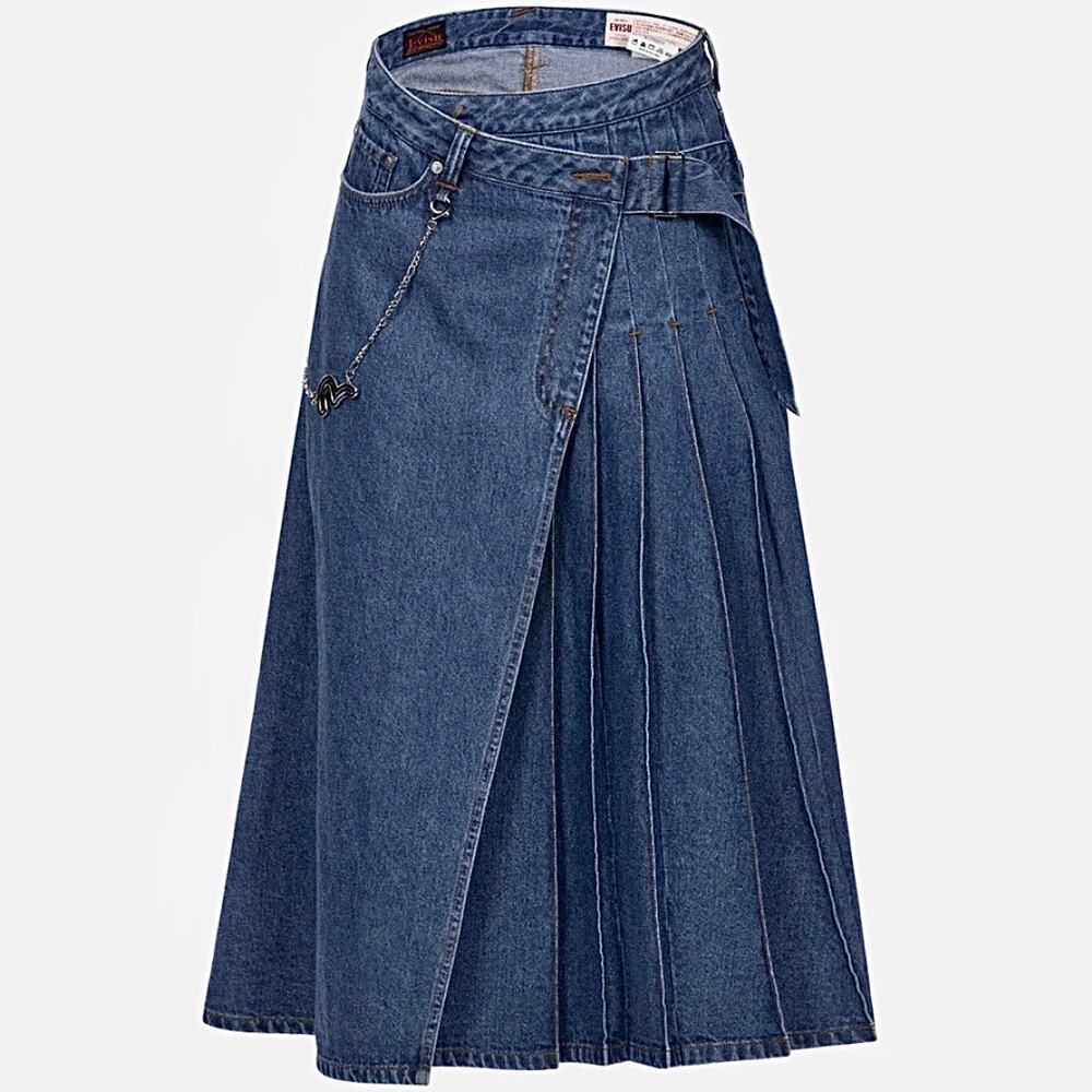 Evisu Pleated Wrap Denim Skirt Seagull Logo A-Line Streetwear Y2K Wmn's 26 NWOT